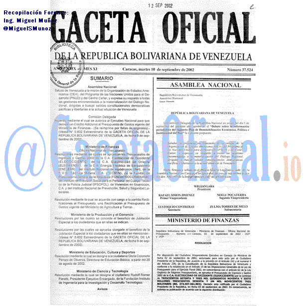 Gaceta Oficial 37524 del 10 Septiembre 2002