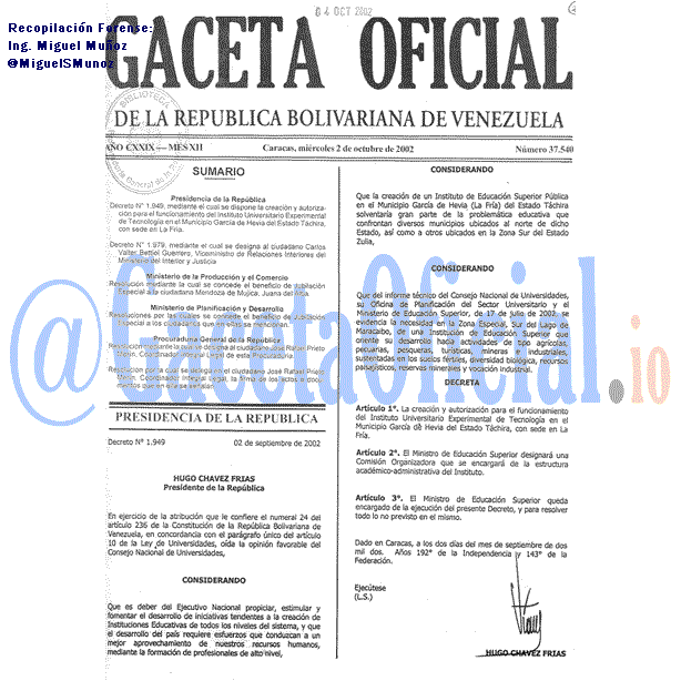 Gaceta Oficial 37540 del 2 Octubre 2002