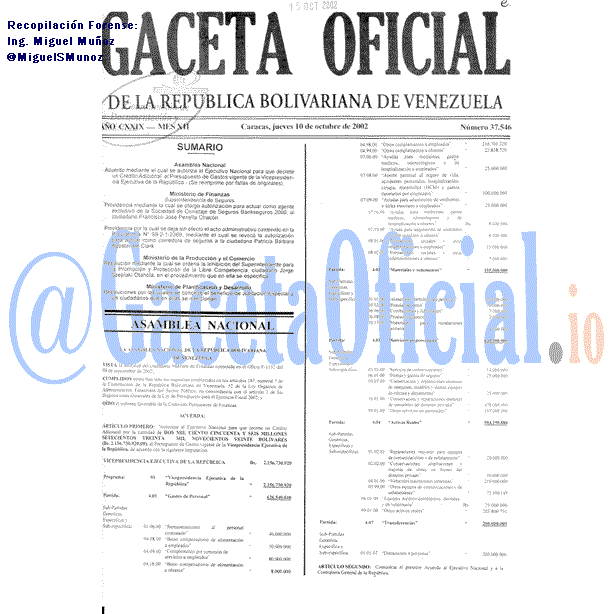 Gaceta Oficial 37546 del 10 Octubre 2002