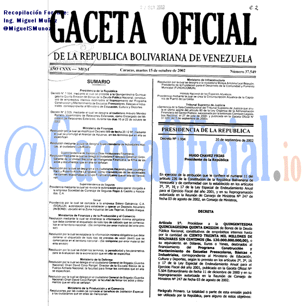 Gaceta Oficial 37549 del 15 Octubre 2002