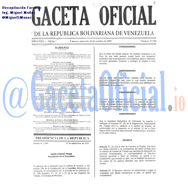Gaceta Oficial 37550 del 16 Octubre 2002