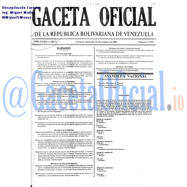 Gaceta Oficial 37555 del 23 Octubre 2002