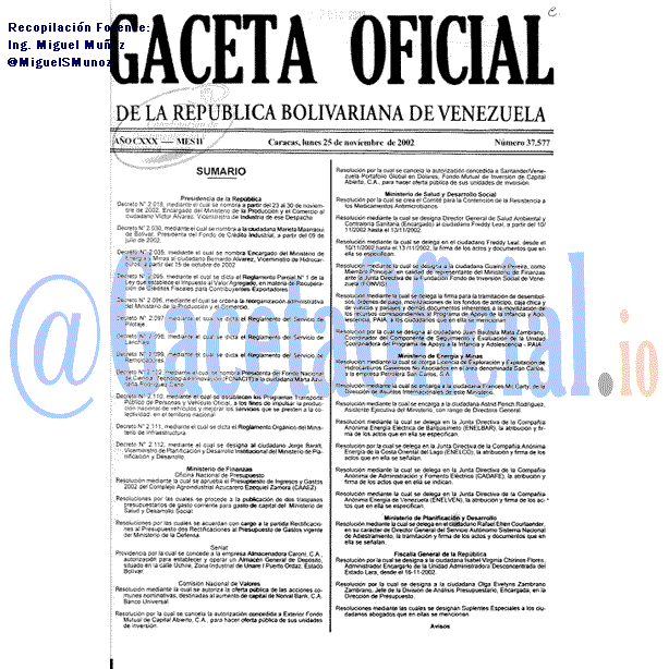 Gaceta Oficial 37577 del 25 Noviembre 2002