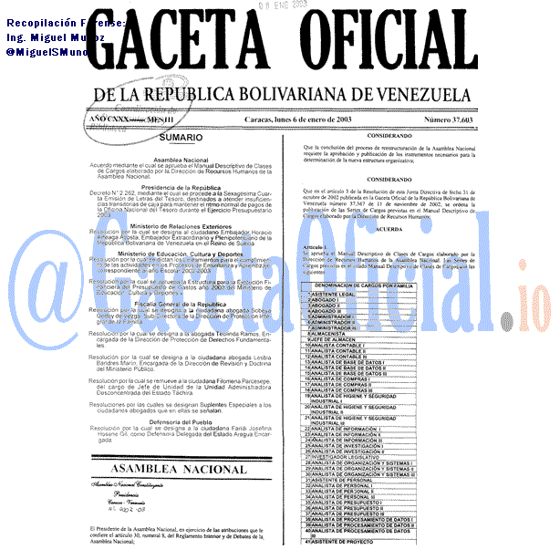 Gaceta Oficial 37603 del 6 Enero 2003
