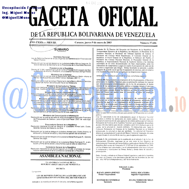 Gaceta Oficial 37606 del 9 Enero 2003