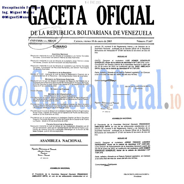 Gaceta Oficial 37607 del 10 Enero 2003