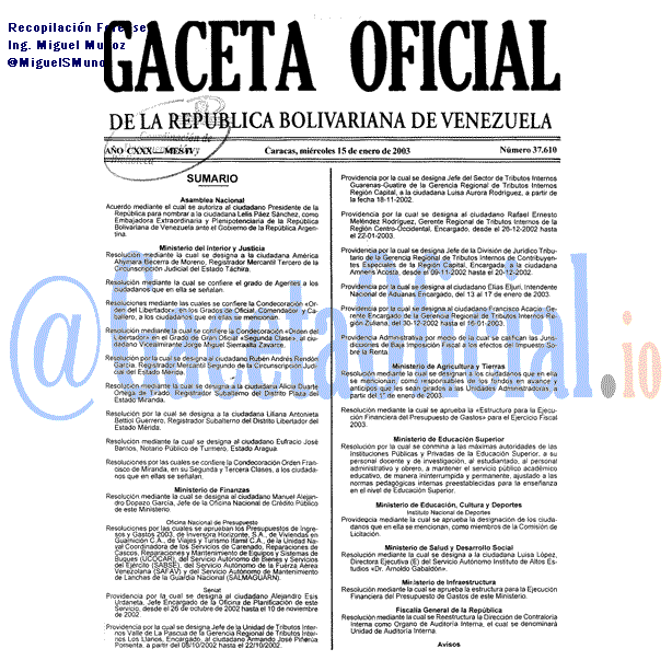 Gaceta Oficial 37610 del 15 Enero 2003