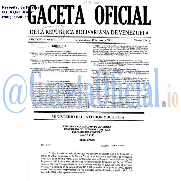 Gaceta Oficial 37612 del 17 Enero 2003