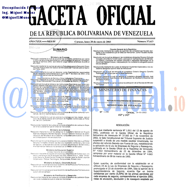 Gaceta Oficial 37613 del 20 Enero 2003