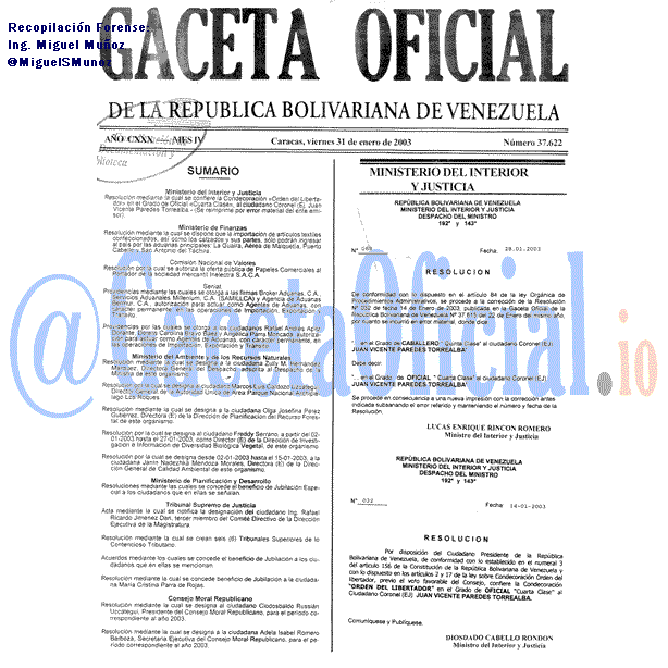 Gaceta Oficial 37622 del 31 Enero 2003