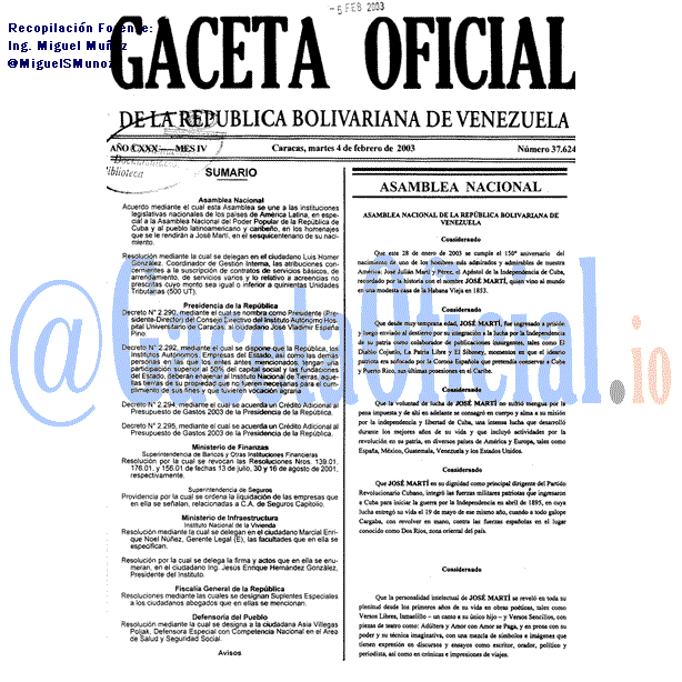 Gaceta Oficial 37624 del 4 Febrero 2003
