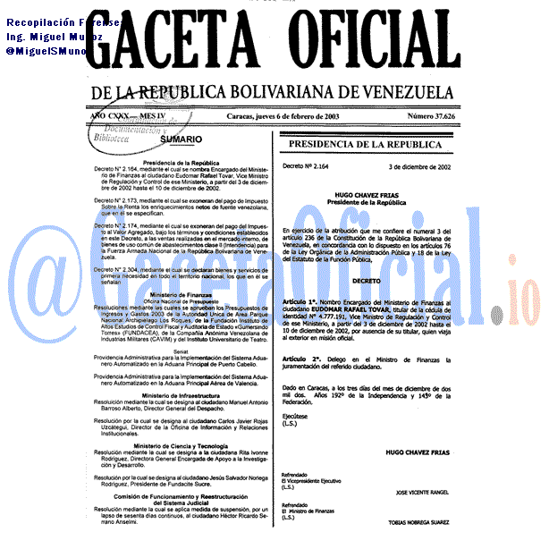 Gaceta Oficial 37626 del 6 Febrero 2003