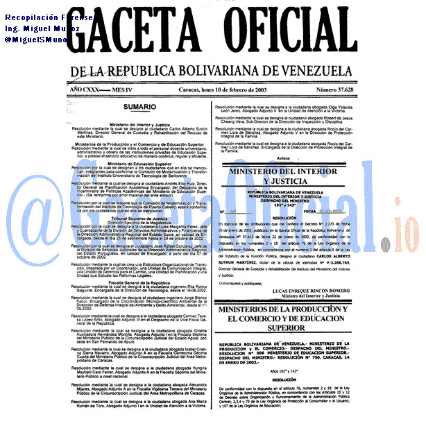 Gaceta Oficial 37628 del 10 Febrero 2003