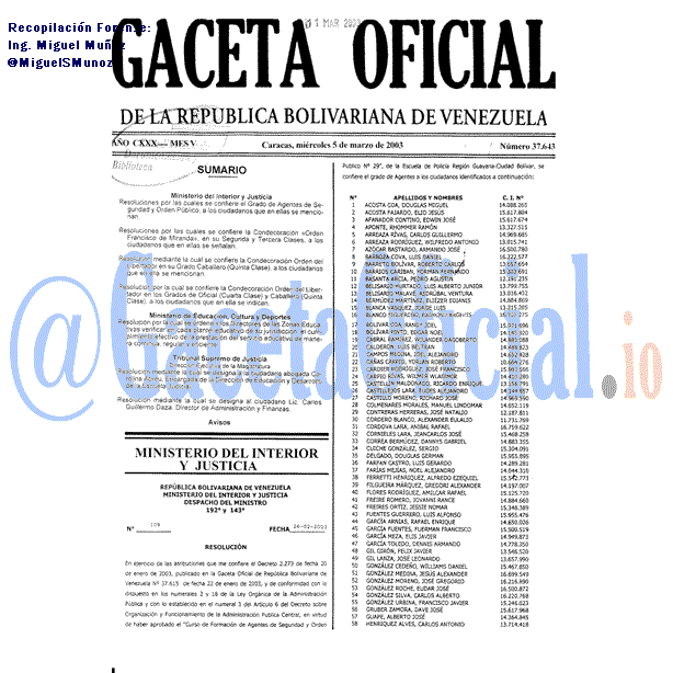 Gaceta Oficial 37643 del 5 Marzo 2003