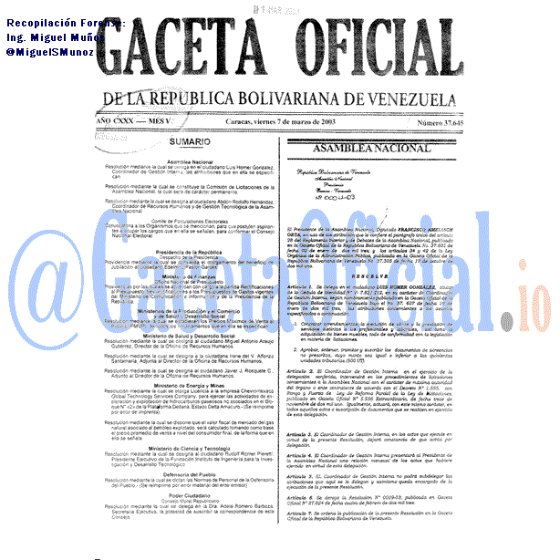 Gaceta Oficial 37645 del 7 Marzo 2003