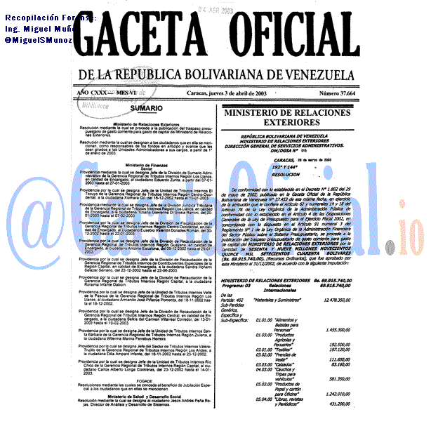 Gaceta Oficial 37664 del 3 Abril 2003