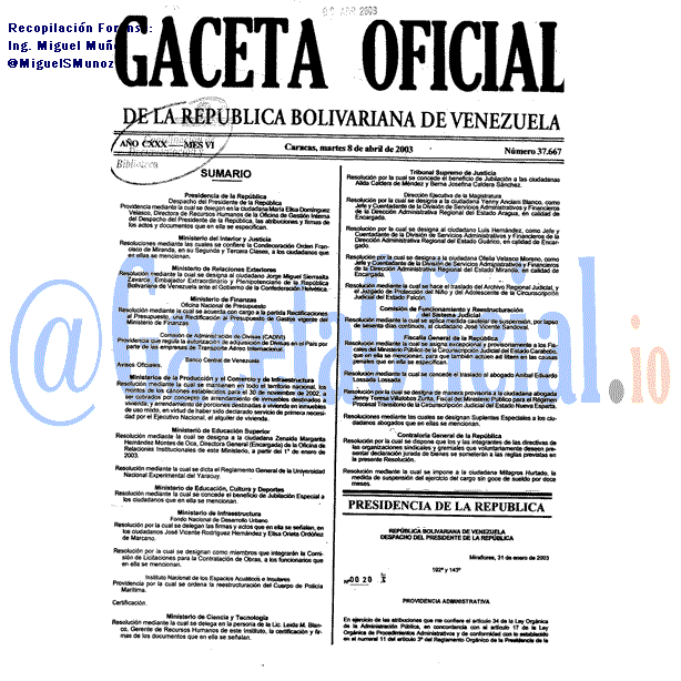 Gaceta Oficial 37667 del 8 Abril 2003