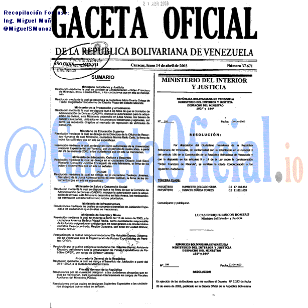 Gaceta Oficial 37671 del 14 Abril 2003