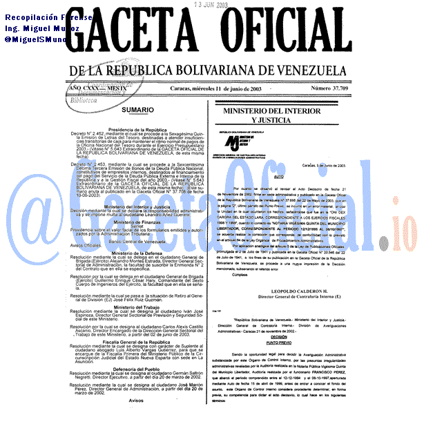 Gaceta Oficial 37709 del 11 Junio 2003