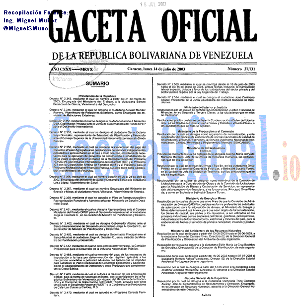 Gaceta Oficial 37731 del 14 Julio 2003