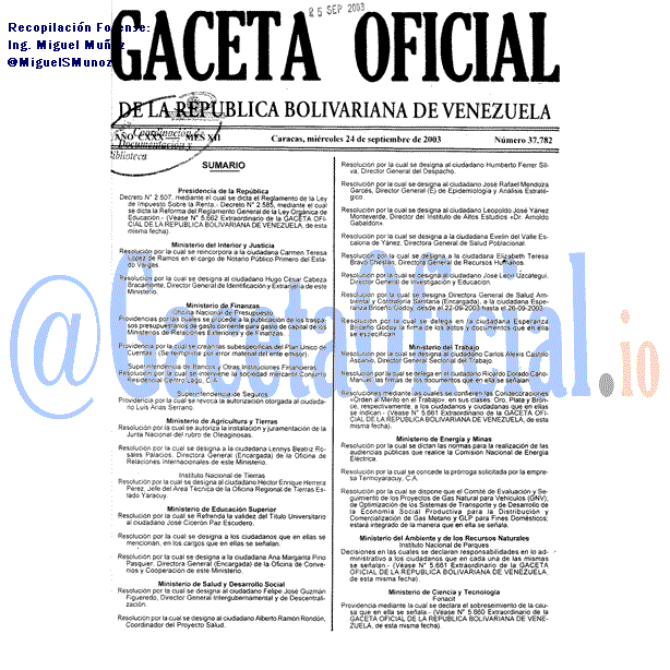 Gaceta Oficial 37782 del 24 Septiembre 2003