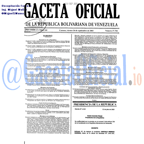 Gaceta Oficial 37784 del 26 Septiembre 2003