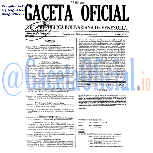 Gaceta Oficial 37785 del 29 Septiembre 2003