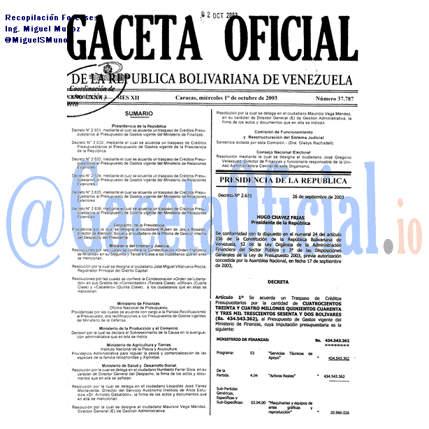 Gaceta Oficial 37787 del 1 Octubre 2003