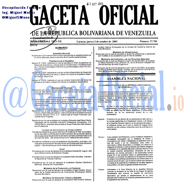 Gaceta Oficial 37788 del 2 Octubre 2003