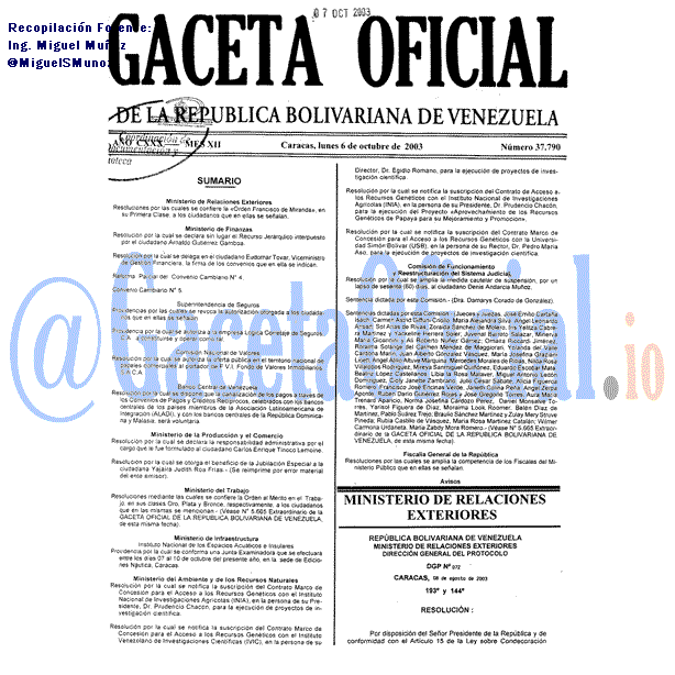 Gaceta Oficial 37790 del 6 Octubre 2003