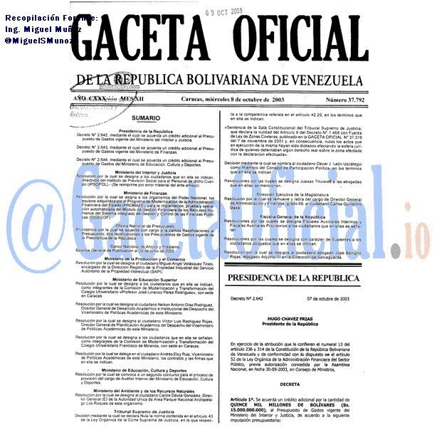 Gaceta Oficial 37792 del 8 Octubre 2003