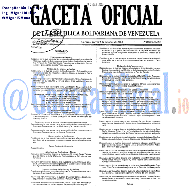 Gaceta Oficial 37793 del 9 Octubre 2003