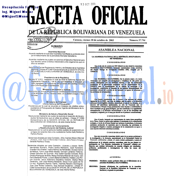 Gaceta Oficial 37794 del 10 Octubre 2003