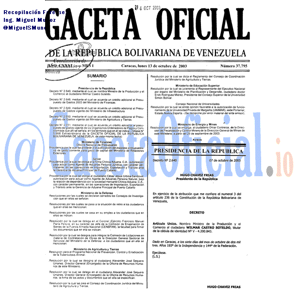Gaceta Oficial 37795 del 13 Octubre 2003