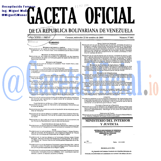 Gaceta Oficial 37802 del 22 Octubre 2003