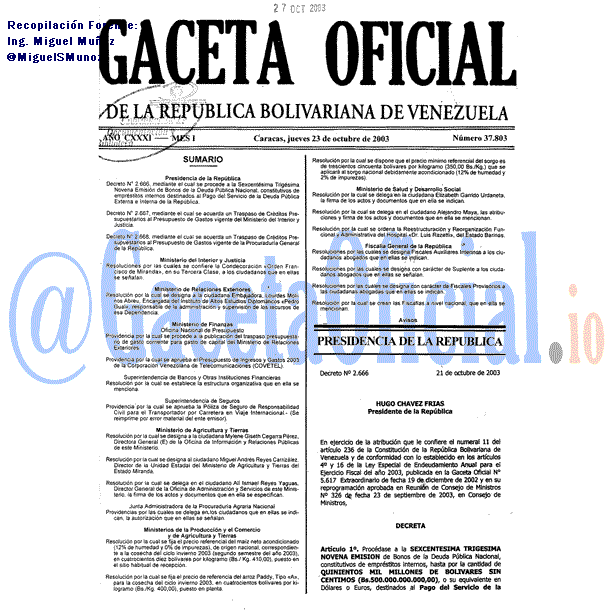 Gaceta Oficial 37803 del 23 Octubre 2003