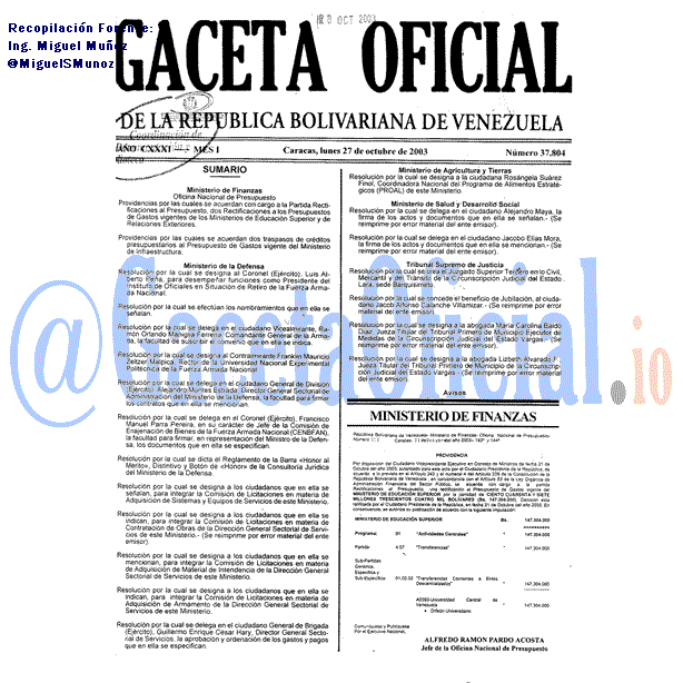 Gaceta Oficial 37804 del 27 Octubre 2003