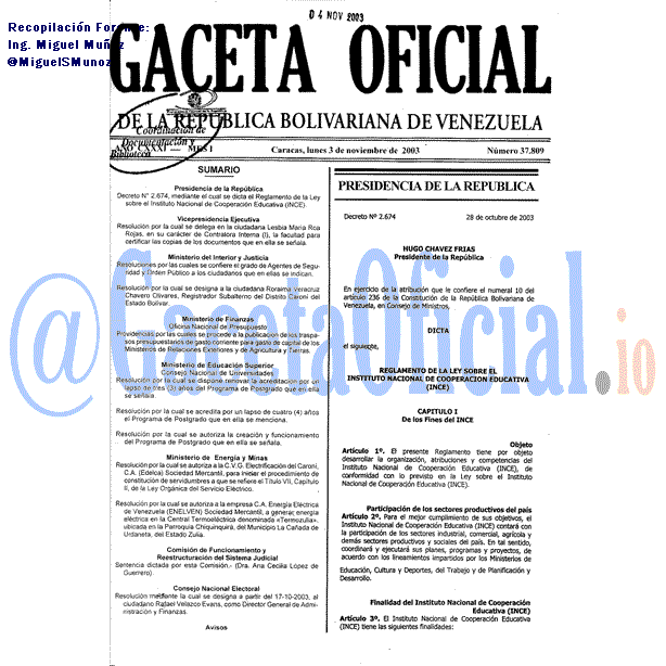 Gaceta Oficial 37809 del 3 Noviembre 2003