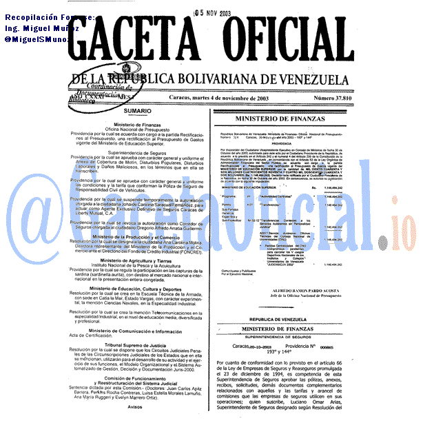 Gaceta Oficial 37810 del 4 Noviembre 2003