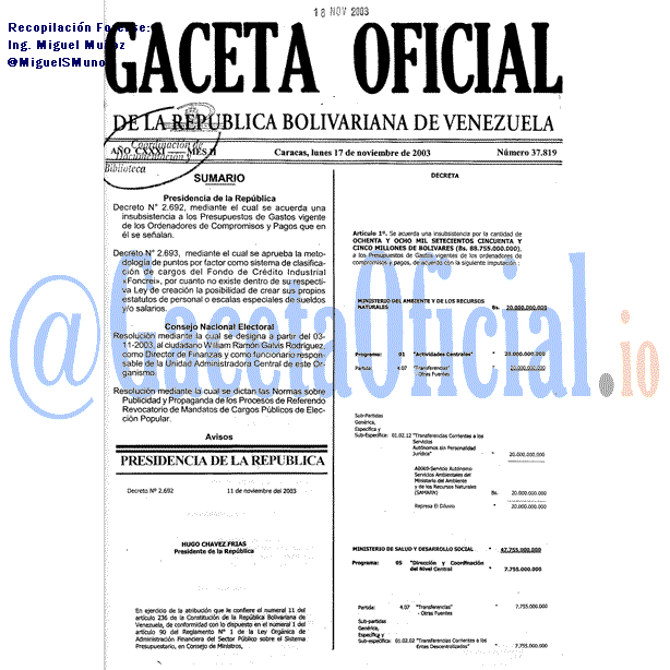 Gaceta Oficial 37819 del 17 Noviembre 2003