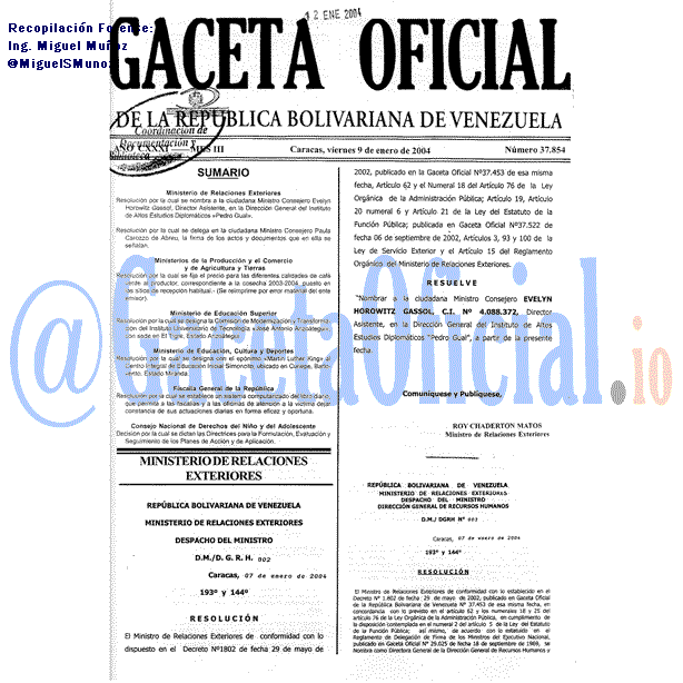Gaceta Oficial 37854 del 9 Enero 2004