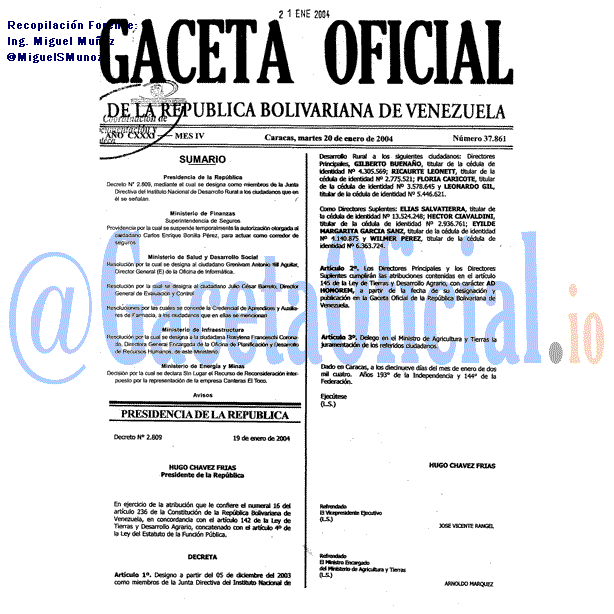 Gaceta Oficial 37861 del 20 Enero 2004