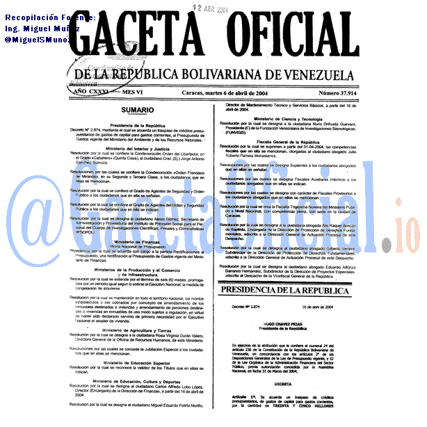 Gaceta Oficial 37914 del 6 Abril 2004