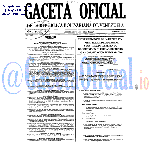 Gaceta Oficial 37918 del 15 Abril 2004