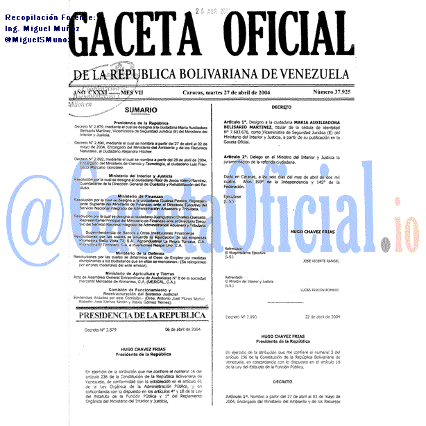 Gaceta Oficial 37925 del 27 Abril 2004