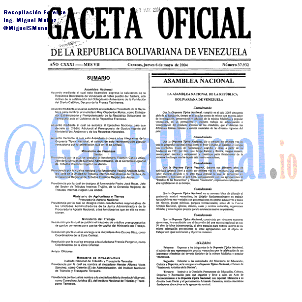 Gaceta Oficial 37932 del 6 Mayo 2004