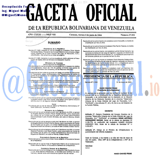 Gaceta Oficial 37953 del 4 Junio 2004