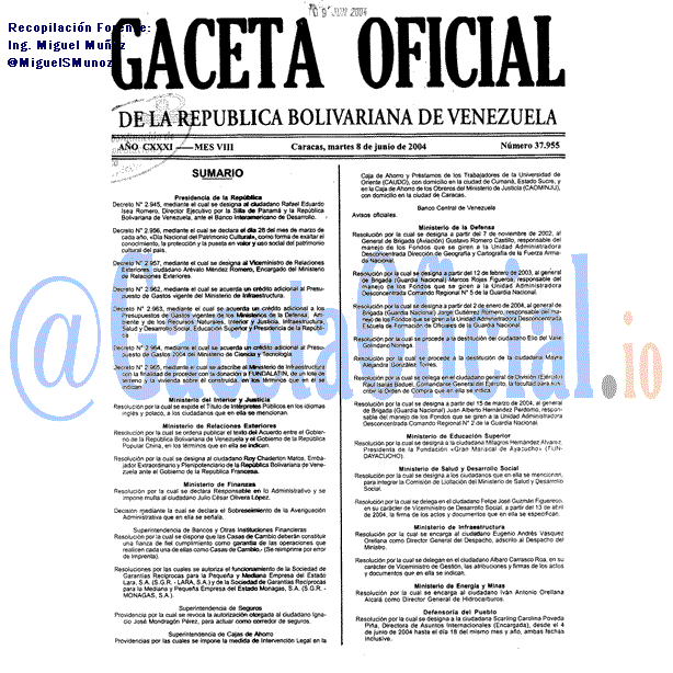 Gaceta Oficial 37955 del 8 Junio 2004