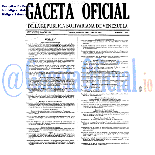 Gaceta Oficial 37966 del 23 Junio 2004