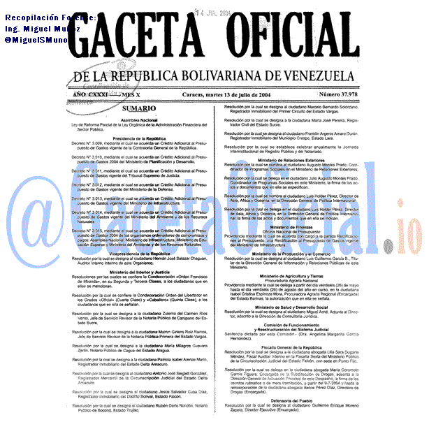 Gaceta Oficial 37978 del 13 Julio 2004